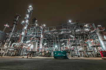 Oil refinery heavy plant from industry zone, night view tank oil and gas petrochemica