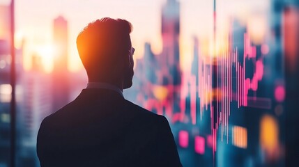 Silhouetted Businessman Contemplating Financial Data Amid Urban Skyline