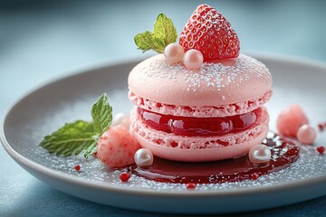 A pink pastry with strawberries and white powder on top