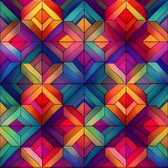Vibrant geometric lattice quilt pattern in seamless repeat with bold shapes and rich colors. Generative AI
