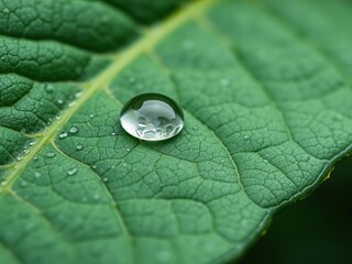 Close-up of a single raindrop landing on a large leaf with intricate veins and ridges, raindrop on leaf, raindrops on leaves, blurred background