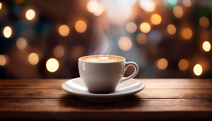 Steaming cup of coffee with creamy latte art foam on a wooden table, set against a magical and cozy atmosphere with warm bokeh lights in the background