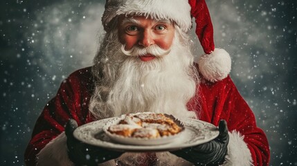 Santa Claus holding a fresh baked holiday apple pie in front of his torso. The man is unrecognizable. Horizontal format on a white background.