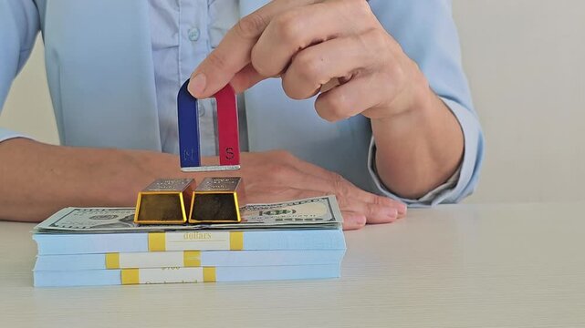 Businessperson using magnet to illustrate attraction of wealth on stacks of money and gold bars 