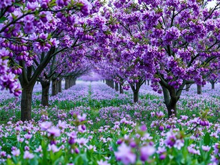 Obraz premium Field of plum trees with bright purple blossoms, floral patterns, plum blossoms, spring flowers