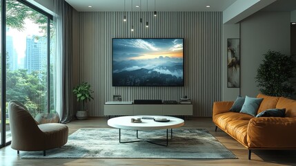 Modern living room with large screen TV, leather sofa, and city view.