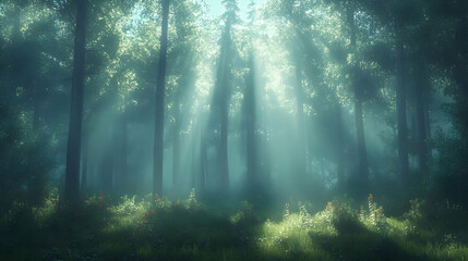 Sunbeams Through Misty Forest - Illustration
