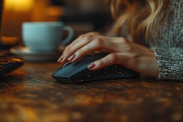 A woman is using a computer mouse on a table with a cup of coffee next to her