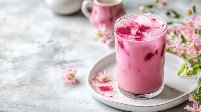 Refreshing pink matcha iced latte with floral decor on a white plate