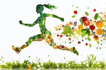silhouette of a running woman composed of fresh fruits and vegetables, symbolizing health, nutrition, and active lifestyle, on a white background, for wellness and fitness campaigns