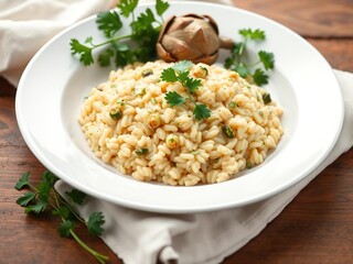 Italian risotto with artichokes and fresh parsley on a white plate, gourmet meal, green vegetable, artichoke