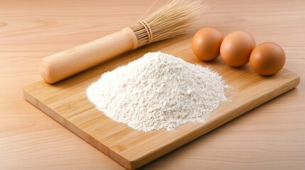 Bakery Ingredients on Wooden Board - Flour,Rolling Pin,and Eggs for Homemade Baking