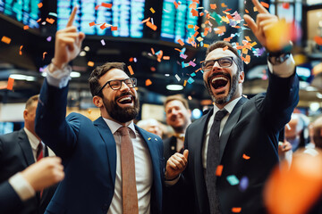 Traders in suits celebrating a major stock market victory, confetti falling, and smiles all around.