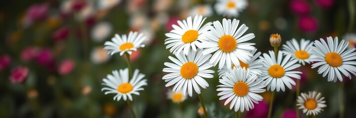 Fototapeta premium lively group of daisy flowers set against a blurred garden backdrop, gentle, greenery, delicate