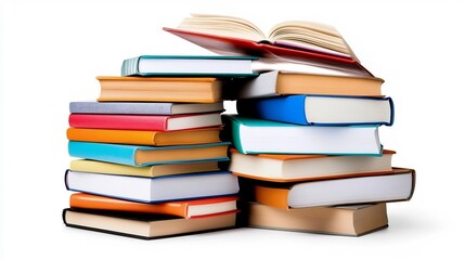 Fototapeta premium Stacked Hardcover Books with Varied Covers on White Backdrop