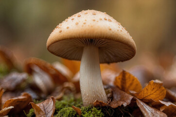 Macro Mushroom Close-Up Amid Autumn Leaves in Serene, Soft Focus Scene