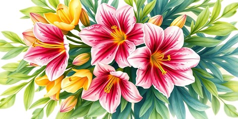 Cassia flowers with green leaves in a loose watercolor floral bouquet, bohemian decor, soft pastel colors