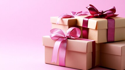 Obraz premium Beautifully Wrapped Gift Boxes with Pastel Pink Ribbon Backdrops for and Special Occasions
