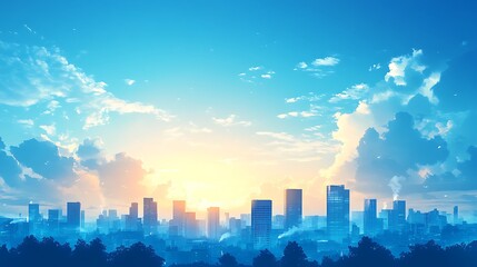 Clear Blue Skies Over a City Skyline at Sunrise