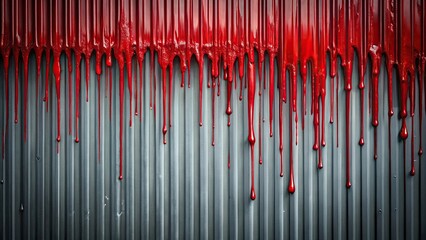 Red dripping substance coats a metal wall, staining, decay, drips