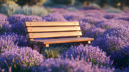 Wooden Bench in a Lavender Field 3D Illustration