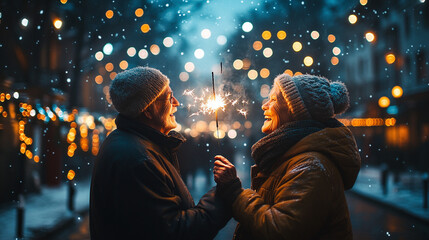 Elderly couple holding a lit sparkler, celebrating New Year’s Eve.