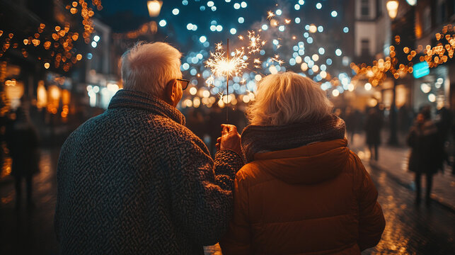 Elderly couple holding a lit sparkler, celebrating New Year’s Eve.