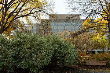 West view of the 1971 performing arts complex Grand Théâtre de Québec seen from a nearby park during a sunny fall morning, Quebec City, Quebec, Canada
