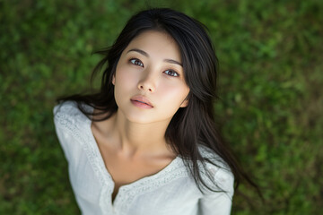 Fototapeta premium 上を見上げる若い日本人の女性