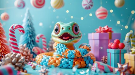 A cheerful, cartoon snake wearing a Santa hat, surrounded by presents, candy canes and Christmas ornaments.