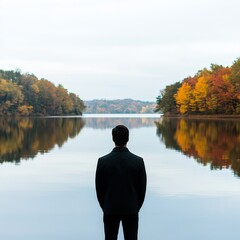 Fototapeta premium habits for self-improvement concept. A person in a suit stands by a tranquil lake surrounded by autumn foliage.