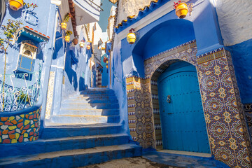 Street View of Blue City houses in Chefchaouen, Morocco in North Africa