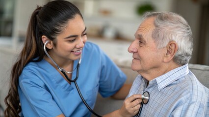 Homecare nursing service and elderly people cardiology healthcare. Close up of young hispanic female doctor nurse check mature caucasian man patient heartbeat using stethoscope during visit