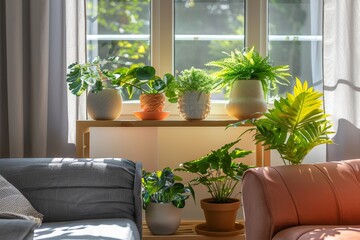 Sunlight Filters Through a Cozy Room, Illuminating Various Vibrant Indoor Plants Beautifully Arranged on a Wooden Shelf Beside a Soft Couch and an Inviting Armchair