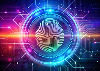 Obraz premium Abstract Panoramic Photography of Fingerprint Scanning Technology with HUD Elements for Enhanced Security Applications and Digital Privacy Solutions