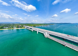 Aerial view of Sarasin bridge road transportation background concept The bridge is a between Phang Nga and Phuket island Thailand The bridge is the most important in making business and transportation