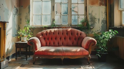 Cozy Vintage Sofa Surrounded by Lush Greenery in a Sunlit Room With Peeling Paint and Rustic Charm