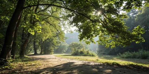 Obraz premium Dappled sunlight filters through forest foliage casting shade, nature, forest canopy, serenity, calm, dappled sunlight