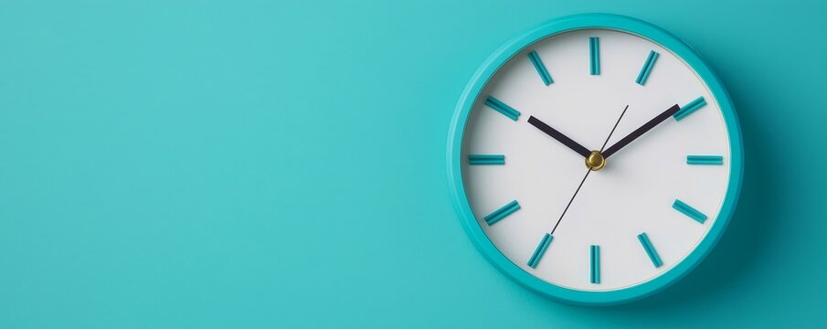 Modern wall clock on a teal background, emphasizing time management and design aesthetics. self development planning concept.
