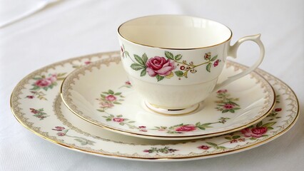 Fototapeta premium Dainty china teacup and saucer set on a fine bone china plate, delicate, china, vintage, plate, antique