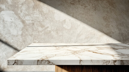 Minimalist interior scene with a marble countertop and textured beige wall, showcasing natural sunlight creating shadows and highlighting surface patterns.