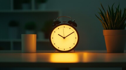 Naklejka premium Personal productivity for goals and success. Vintage alarm clock glowing on a table with a plant, creating a cozy ambiance in a dim room.
