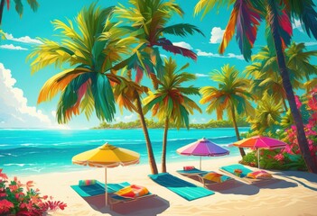 Obraz premium vibrant colorful beach vistas brightening spring break adventures crystal clear waters lush tropical landscapes, ocean, sand, sunny, palm, tree, waves