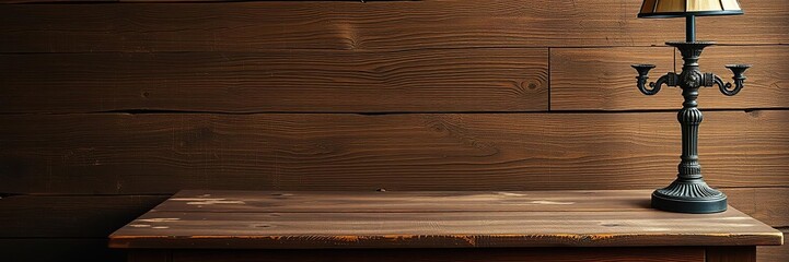 Worn wooden table paired with an ornate vintage lamp, cozy atmosphere, home ambiance