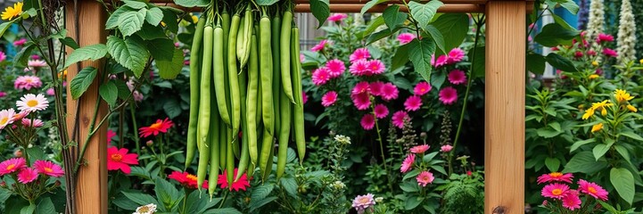 Obraz premium Fresh green beans hanging from a wooden trellis in a lush garden surrounded by vibrant flowers and foliage, vine, nature landscape, agriculture