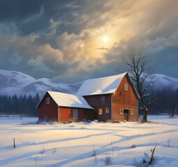 Illustration of barn with winter landscape and mountain behind.