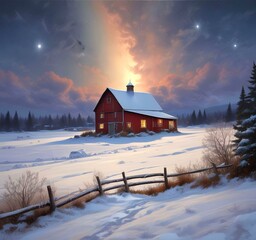 Illustration of barn with winter landscape and mountain behind.
