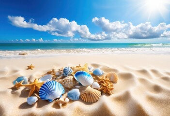 Obraz premium colorful coastal landscape featuring shelled beauty sandy shores under bright skies, beach, ocean, sea, water, sky, sunlight, wave, tide, pier, cliff, rock