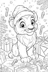 Coloring page -  Lion Cub's Christmas Surprise