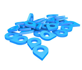 A bunch of blue geolocation icons on a transparent background.